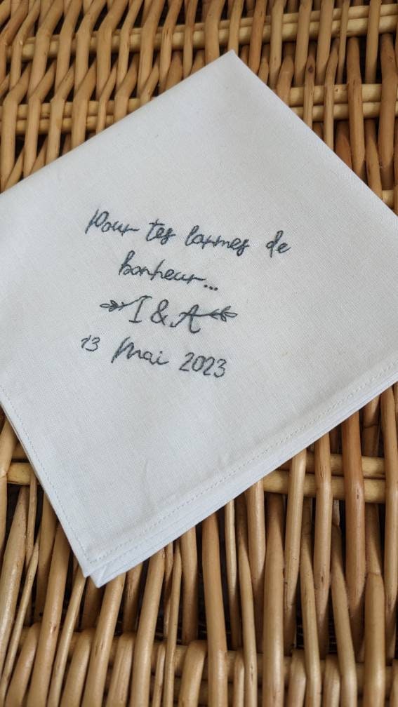 Mouchoir de mariage, souvenir de mariage, cadeau pour mariés, coton blanc bio, doré, feuilles brodés, cadeau baptême, cadeau maman papa