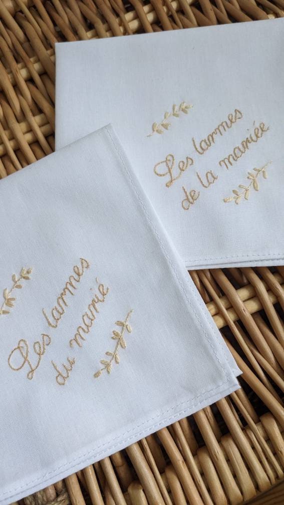 Mouchoir de mariage, souvenir de mariage, cadeau pour mariés, coton blanc bio, doré, feuilles brodés, cadeau baptême, cadeau maman papa