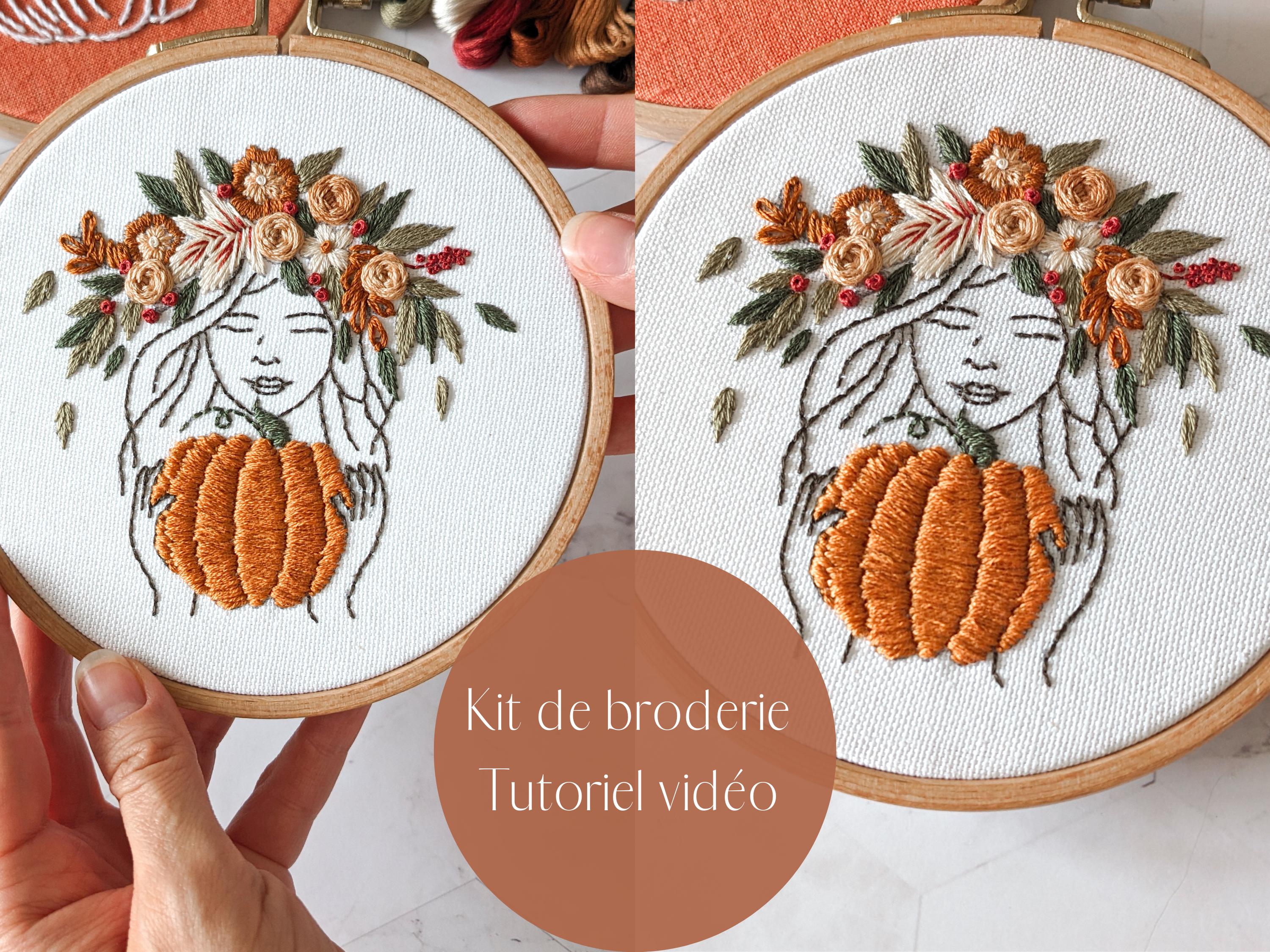 Kit de broderie, Fille avec une citrouille, couronne de fleurs d'automne, guide vidéo