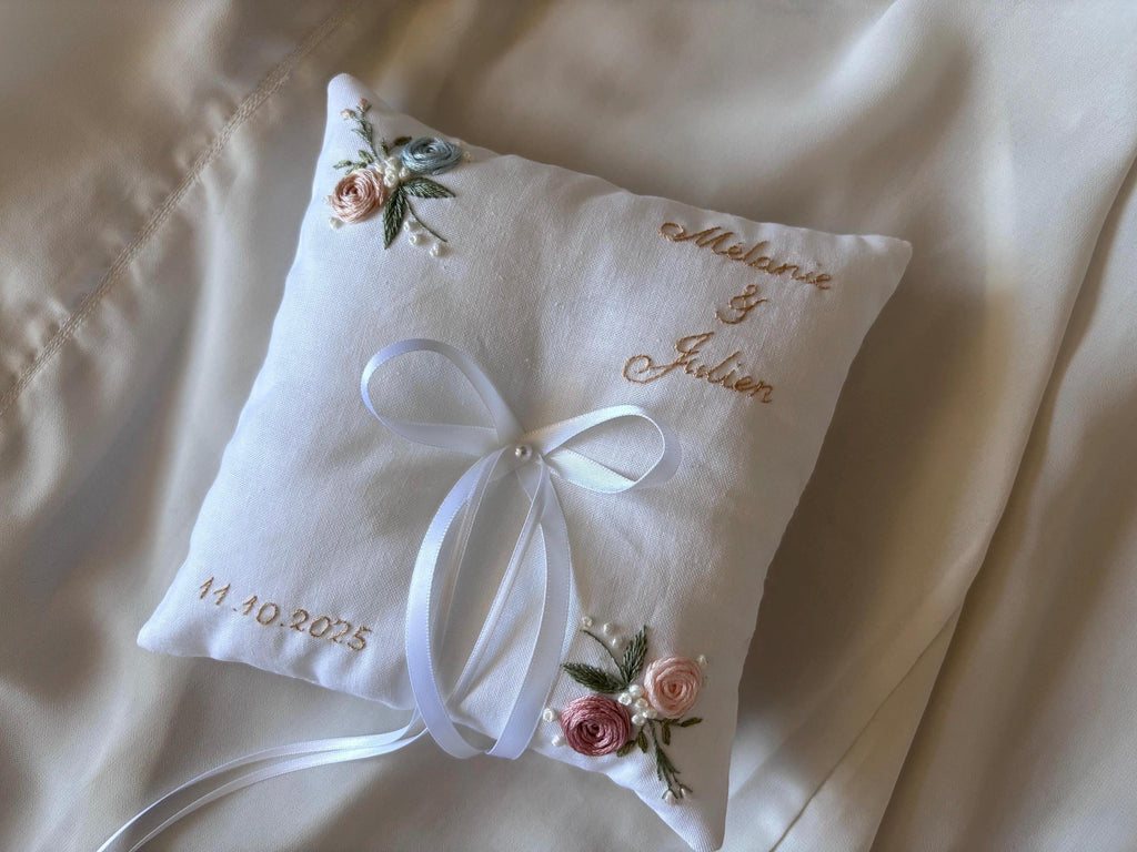 Porte-alliance mariage personnalisé, coussin d'alliance brodé, coussin d'anneaux pour alliances mariage, couleurs personnalisées - coton bio