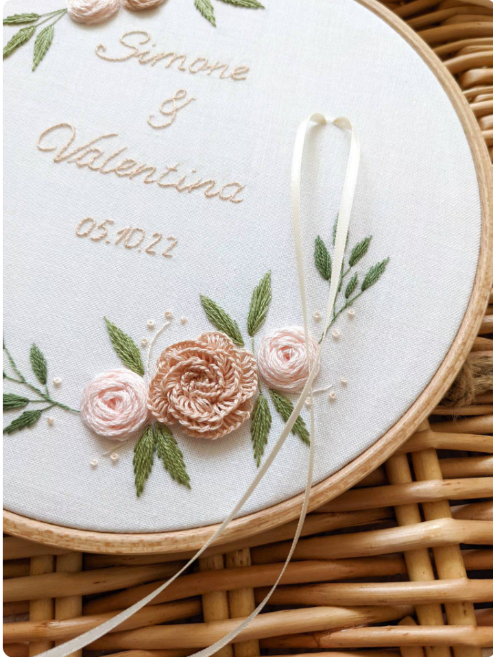 Porte alliances brodé personnalisé, prénoms brodés, porte-alliance mariage, fleurs brodées