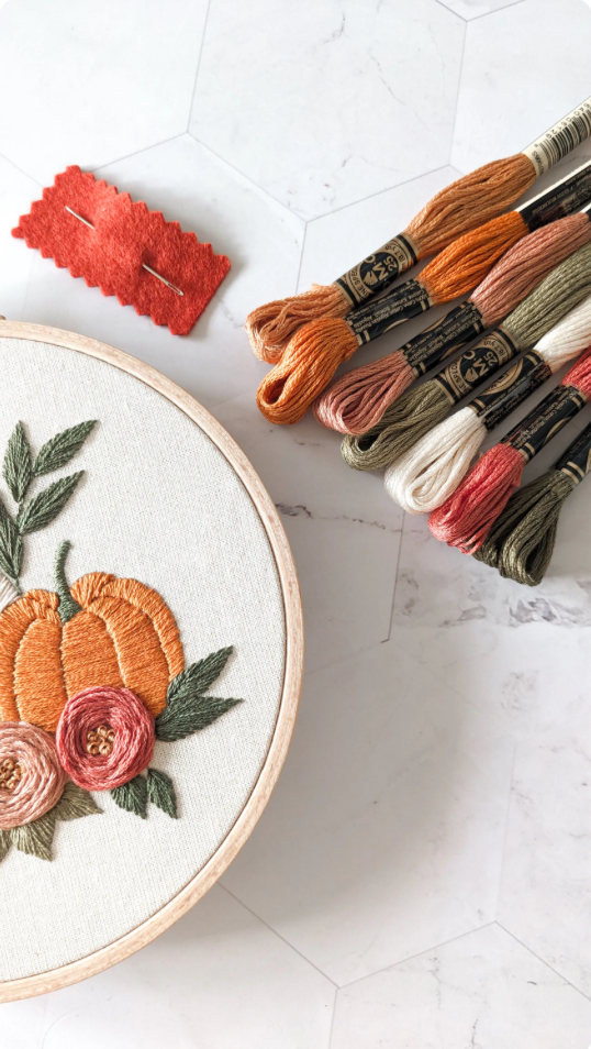 Kit de broderie, citrouille d'automne, fleurs automnales, tutoriel vidéo
