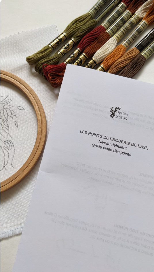 Kit de broderie, Fille avec une citrouille, couronne de fleurs d'automne, guide vidéo
