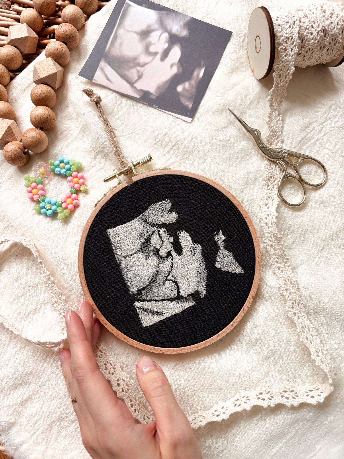 Echographie brodée personnalisée, Faire-part de grossesse, Cadeau de naissance, Décoration de chambre de bébé
