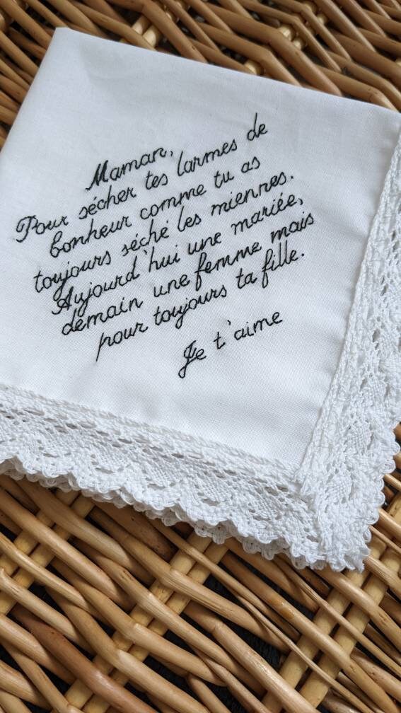 Mouchoir de mariage, souvenir de mariage, cadeau pour mariés, coton blanc bio, doré, feuilles brodés, cadeau baptême, cadeau maman papa