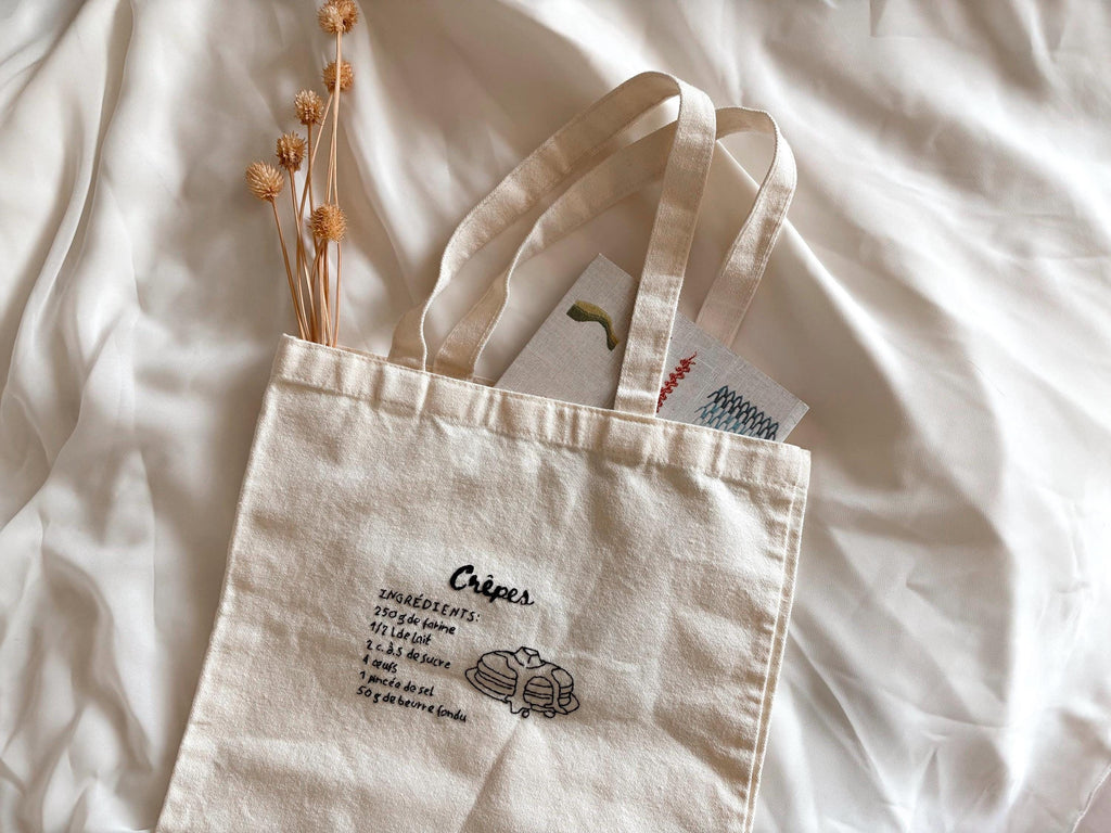 Tote bag Recette de Crêpes, brodé à la main