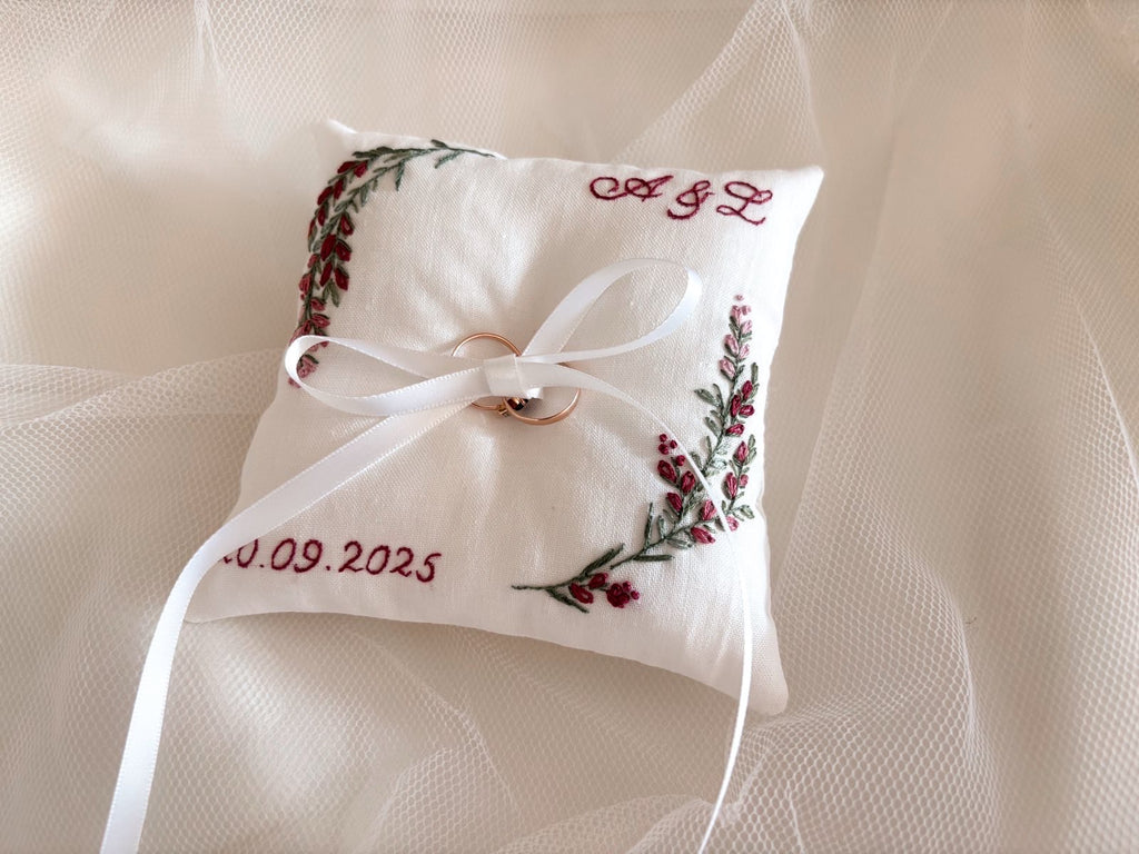 Coussin alliances pour mariage - fleurs bruyeres - violet vert sauge