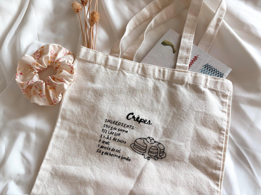 Tote bag Recette de Crêpes, brodé à la main