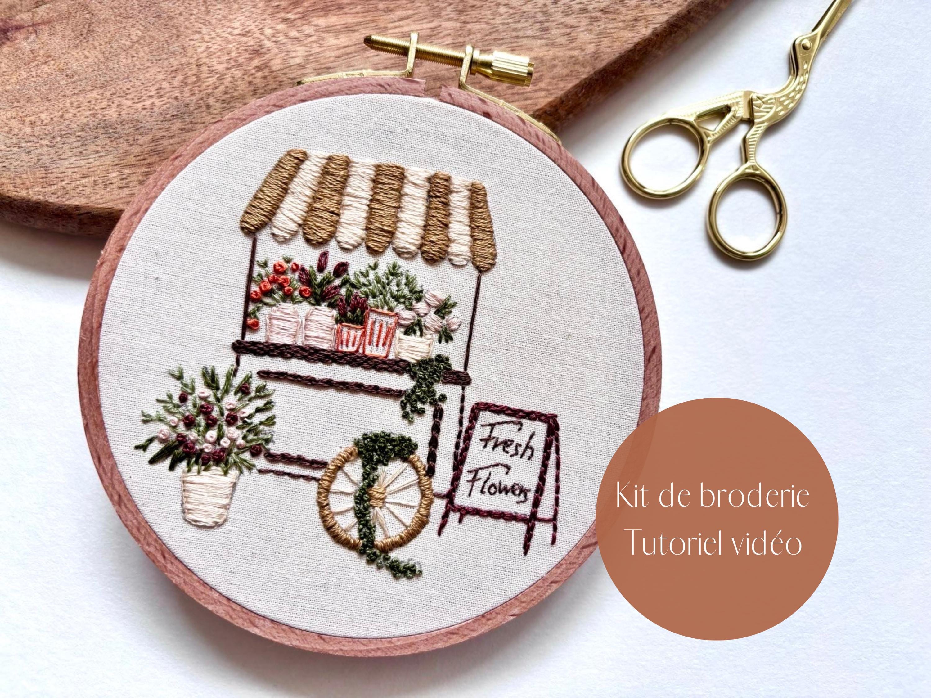 Kit de broderie pour les débutants Chez fleuriste, guide vidéo, motif de broderie simple