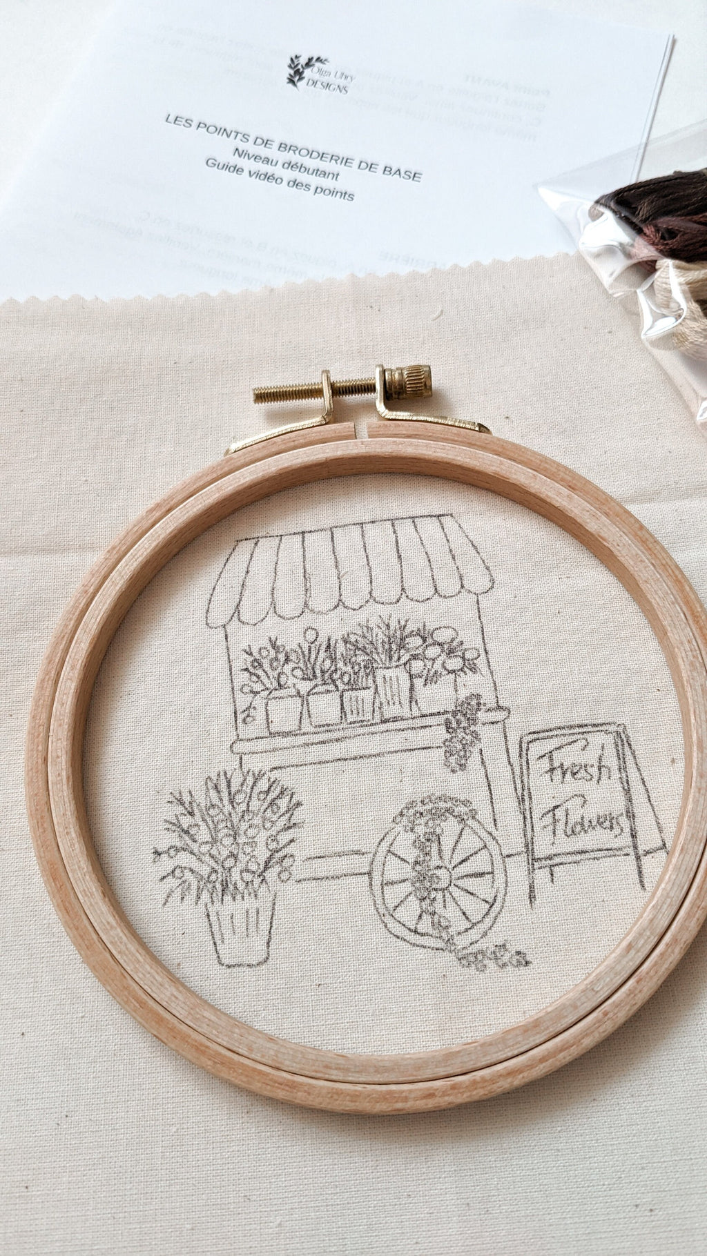 Kit de broderie pour les débutants Chez fleuriste, guide vidéo, motif de broderie simple