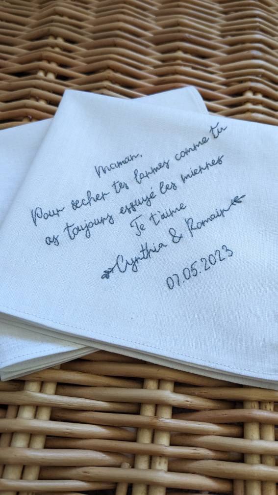 Mouchoir de mariage, souvenir de mariage, cadeau pour mariés, coton blanc bio, doré, feuilles brodés, cadeau baptême, cadeau maman papa