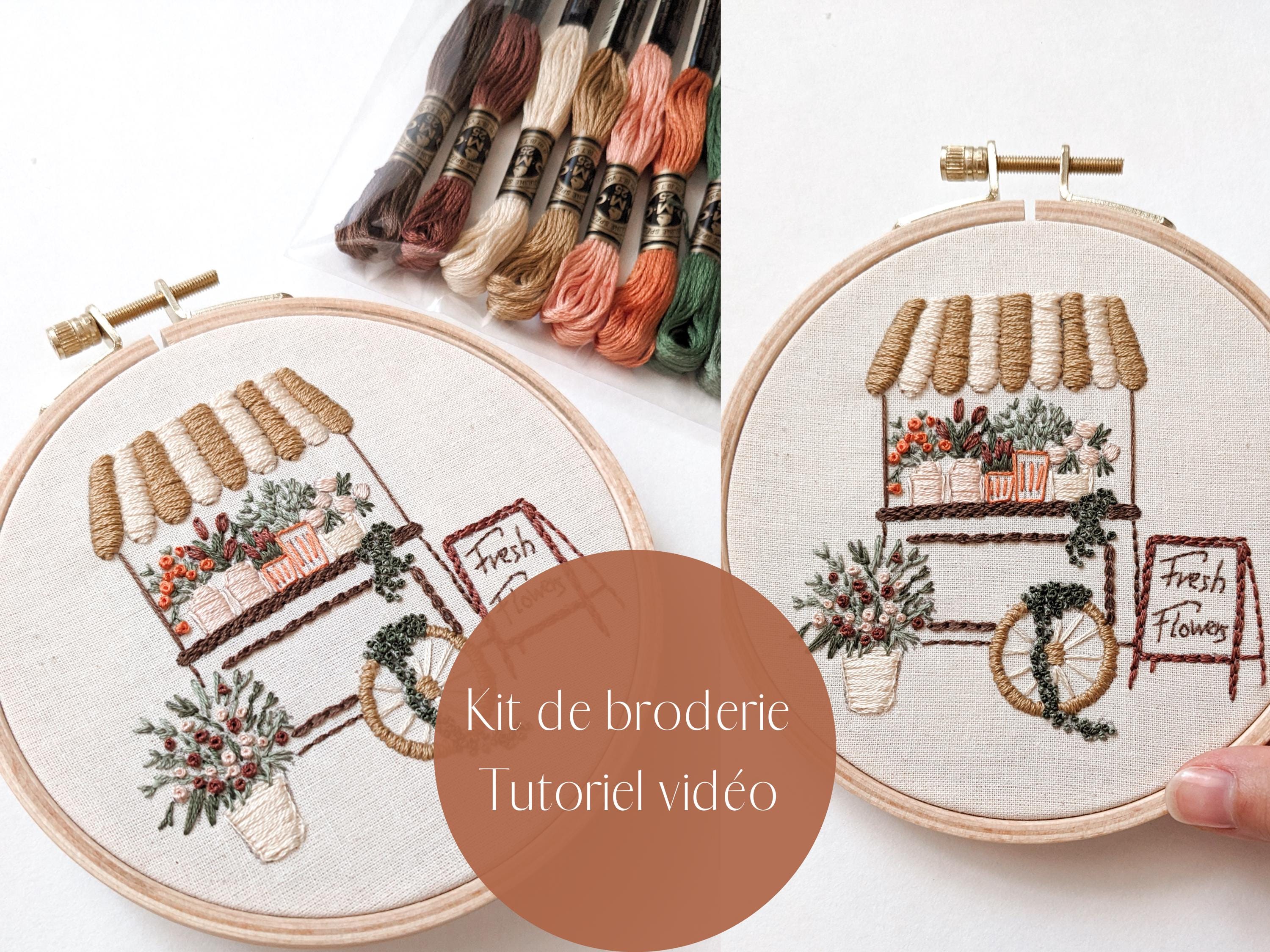 Kit de broderie pour les débutants Chez fleuriste, guide vidéo, motif de broderie simple