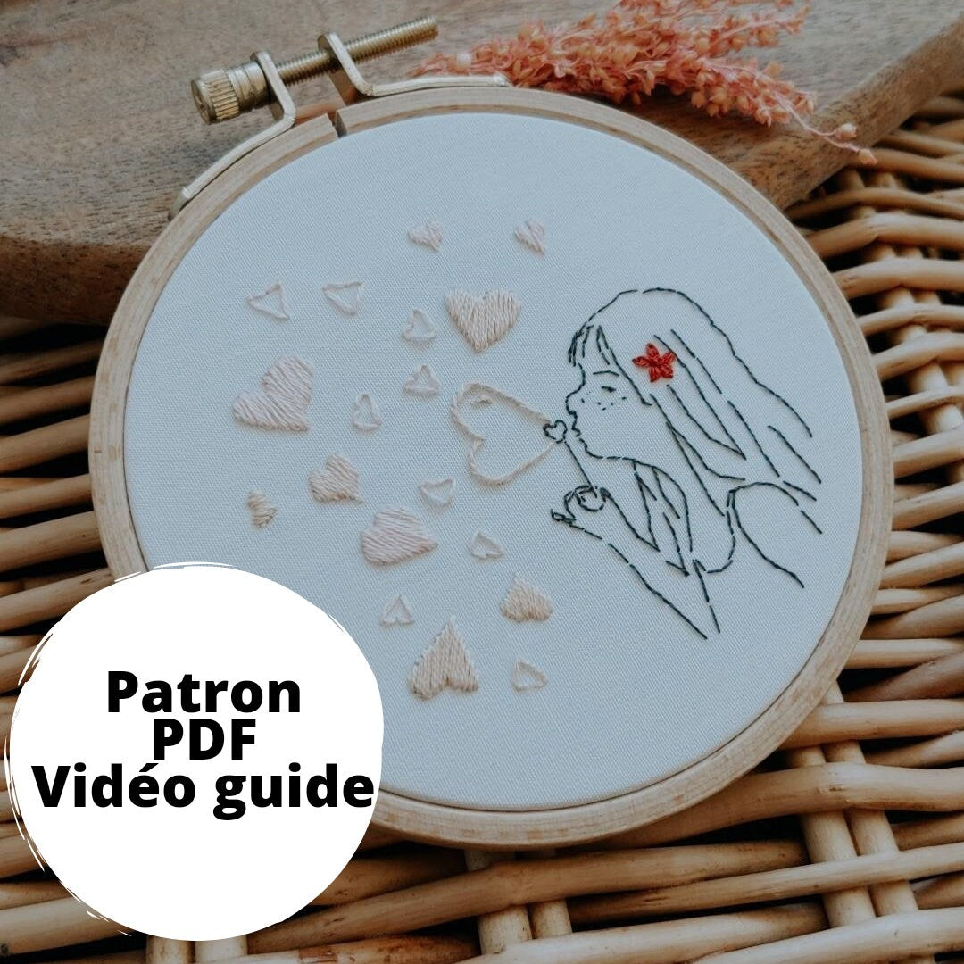 Patron de broderie PDF, guide vidéo, Saint Valentin, fille et ballons en forme de cœur, motif de broderie débutants