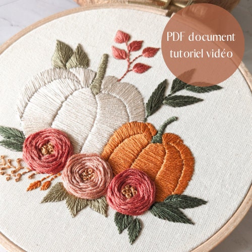 Parton de broderie en PDF, tutoriel vidéo, broderie d’automne, citrouilles automnales, fleurs automne