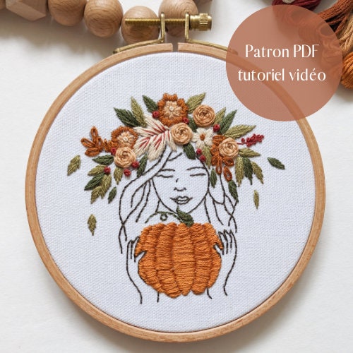 Patron de broderie PDF, guide vidéo, broderie d’automne, fille avec une citrouille, couronne de fleurs automnales