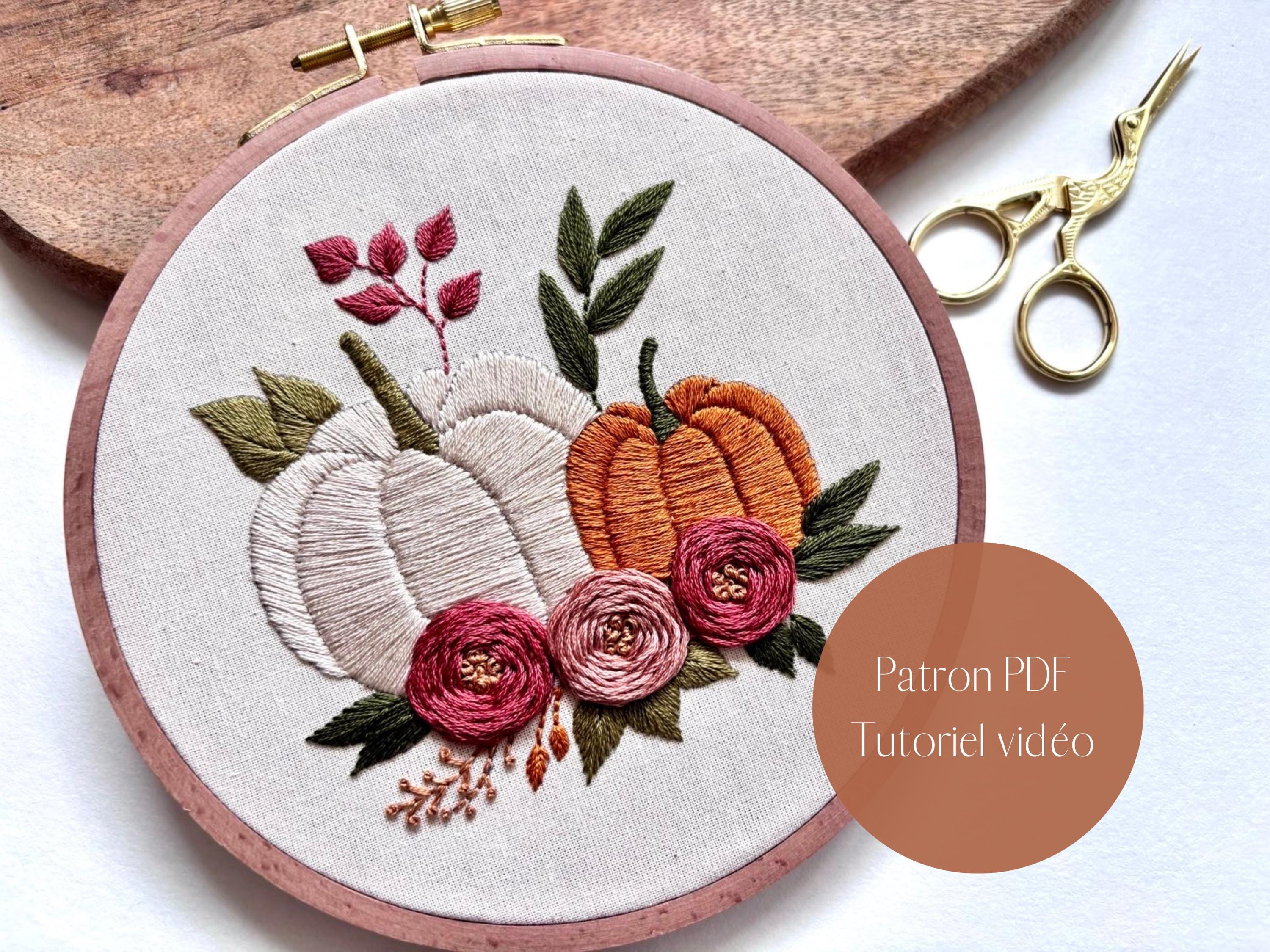 Parton de broderie en PDF, tutoriel vidéo, broderie d’automne, citrouilles automnales, fleurs automne