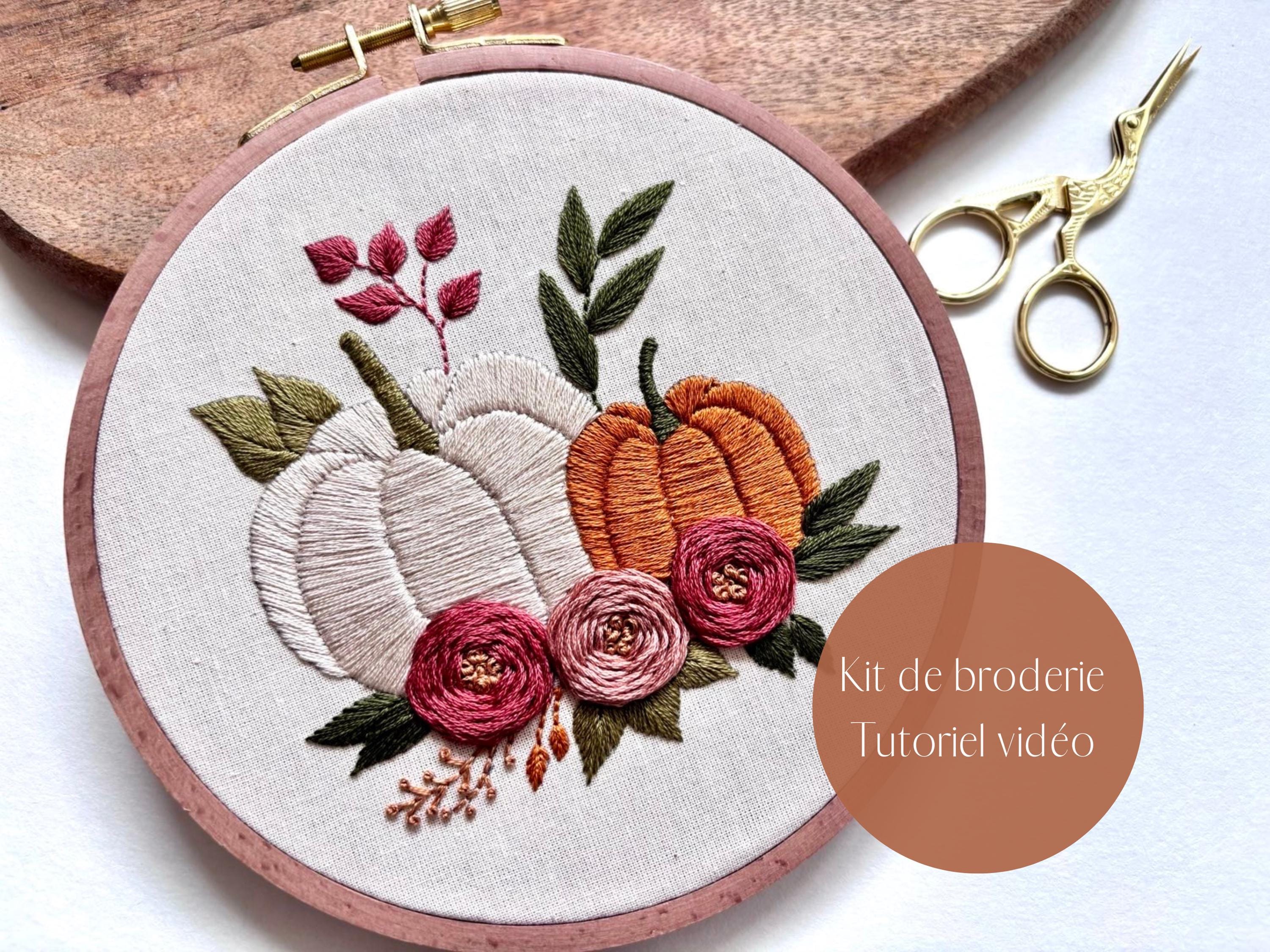 Kit de broderie, citrouille d'automne, fleurs automnales, tutoriel vidéo